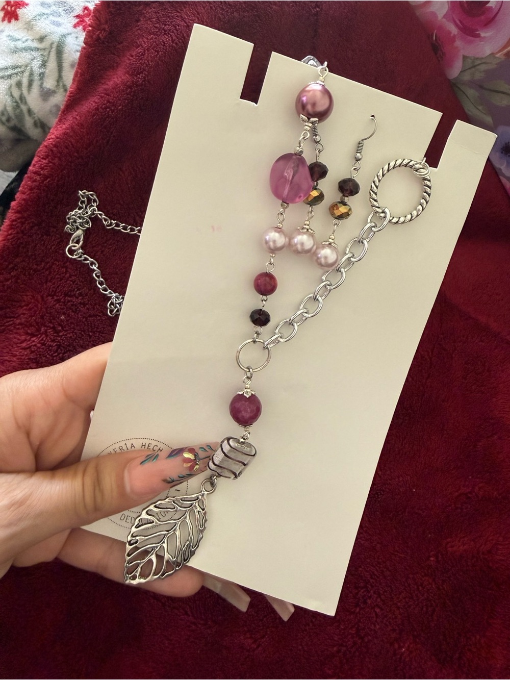 Handmade Pink, purple and silver long necklace